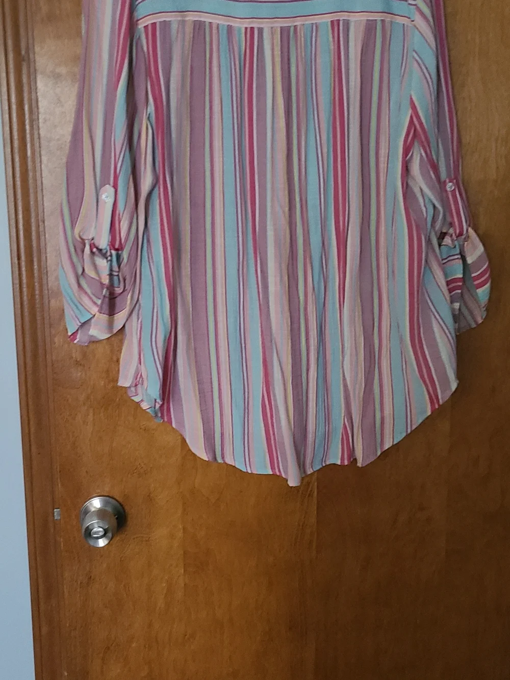 Lee Striped V-Neck Blouse in Pink, Teal & Cream